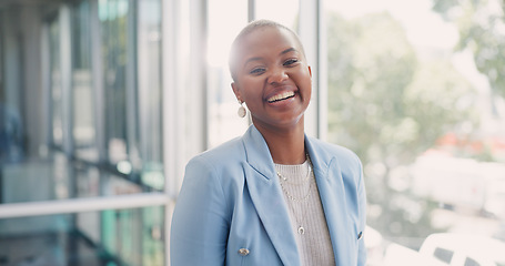 Image showing Face, business and black woman in office, smile and marketing agency. African American female, portrait and entrepreneur with confidence, project manager and advertising for company and Nigerian ceo.