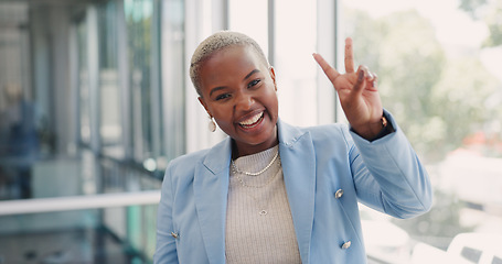 Image showing Peace, face or happy black woman in office building with positive smile, success goals or growth mindset. Motivation, portrait or excited sales employee with a vision or peaceful hand gesture sign