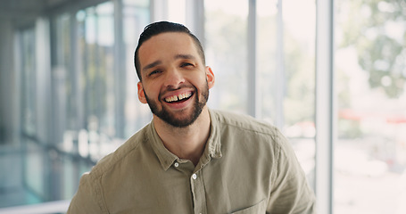 Image showing Face, business and black man with smile, office and confident for startup company. African American male, ceo and entrepreneur with happiness, sales growth and laugh for success, innovation or leader