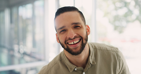 Image showing Happy, smile and face of businessman in office for management, leadership or vision. Professional, mission and future with portrait of Brazil employee in startup agency for mindset, career or goal