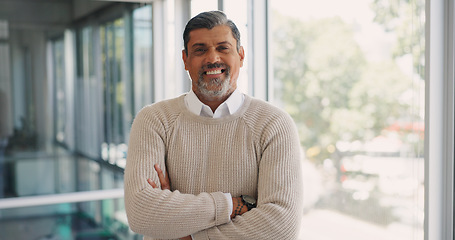 Image showing Face, leadership and businessman with arms crossed in office ready for goals or targets. Ceo, boss and happy, confident and mature entrepreneur from Brazil with vision, mission and success mindset.