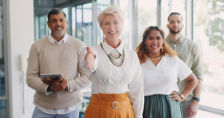 Image showing Handshake, recruitment and business team welcome from woman in HR or agreement at startup office. Shaking hands, thank you and new recruit or partner. Hand shake and smile at human resources meeting.