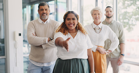 Image showing Handshake, recruitment and business team welcome from woman in HR or agreement at startup office. Shaking hands, thank you and new recruit or partner. Hand shake and smile at human resources meeting.