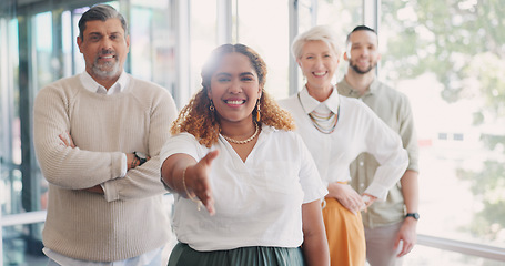 Image showing Recruitment, handshake and business team welcome from black woman. Shaking hands, thank you and group portrait of happy people welcoming new employee, recruit or worker to startup company office.