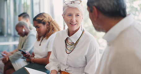 Image showing People networking in waiting room before a recruitment job interview in an advertising agency. Partnership, relaxing or happy employees meeting or greeting in line