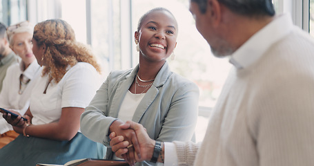 Image showing Handshake, hiring or people networking in waiting room before a recruitment job interview in an advertising agency. Partnership, relaxing or happy employees shaking hands, meeting or greeting in line