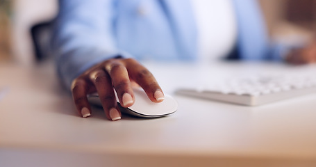 Image showing Search, mouse and hands of business woman at computer for communication, networking and news app. Technology, innovation and contact with black woman scrolling for website, internet and social media