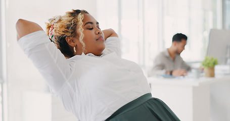 Image showing Woman, office and relax for rest, tired or stop working at desk in marketing startup with smile. Corporate black woman, modern office or exhausted on break, relief or breathe at workplace in New York