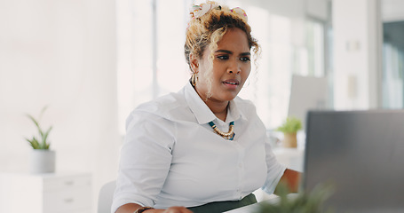 Image showing Confused, error and business woman on laptop in office with information technology, 404 and problem of software or website. Doubt, angry or frustrated worker at her desk on computer mistakes or fail