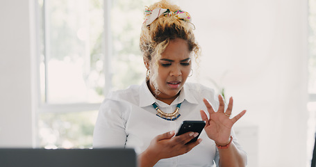 Image showing Phone, problem and angry black woman on office with technical glitch, error and network issue at work. Communication, technology and frustrated female worker with no service connection on smartphone