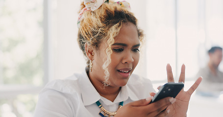Image showing Phone, problem and angry black woman on office with technical glitch, error and network issue at work. Communication, technology and frustrated female worker with no service connection on smartphone