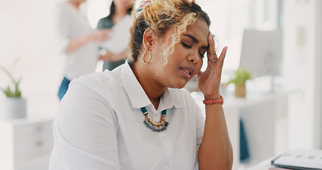 Image showing Headache, stress and business woman with tech glitch, wifi problem and anxiety about connection. Angry, tired and marketing employee frustrated with laptop, phone and communication mistake at work