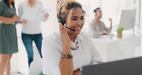 Image showing Customer service, telemarketing agent and phone call for advice, help desk support or call center consultant working in office. Contact us, crm consultation or advisory employee smile with headset