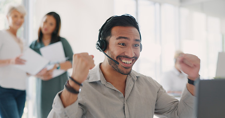 Image showing Applause, success and man celebrate at call center for target, bonus and sale with employees for congratulations on win. Contact us, CRM and telemarketing customer support men and women at computer