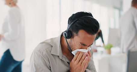 Image showing Call center, business man and allergy nose for office dust, bacteria healthcare or virus of safety, compliance and policy. Sick, sneeze and allergies of asian telemarketing worker or employee at desk