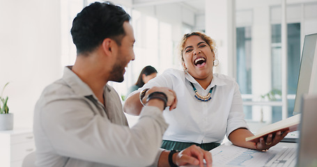 Image showing Teamwork partnership, computer and team fist bump for economy, finance investment or stock market success. Collaboration, happy man and black woman celebrate bitcoin crypto, nft or forex trading goal