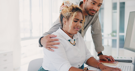 Image showing Sexual harrasment, workplace abuse and business woman with inappropriate manager touching shoulder at computer desk with company policy problem. Man giving employee anxiety with human resources issue