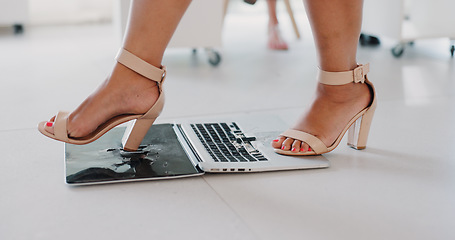 Image showing Corporate woman, breaking laptop or floor at office, workplace or frustrated with stress for startup management. Angry steps, mental health or anger at career, job or burnout at real estate agency