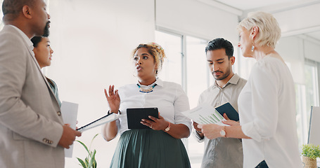 Image showing Data analytics, startup or business people with tablet for social media feedback, communication or networking. Diversity, data or teamwork with document for KPI research, SEO review or website growth