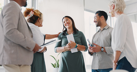 Image showing Applause, success and woman celebrate for target, bonus and sale with employees for congratulations on win. Support, mission or woman celebrates partnership growth, team work or achievement with work