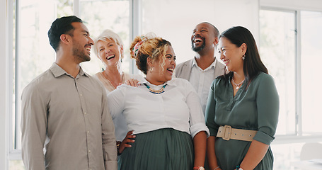 Image showing Success, happy or funny business people in an office building laughing at a funny joke after a group meeting. Diversity, comic or employees with big smiles bonding after a successful business deal