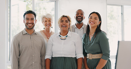 Image showing Collaboration, motivation and mindset with a business team posing for a photograph together in the office. Happy, smile and teamwork with a man and woman employee taking a picture while at work