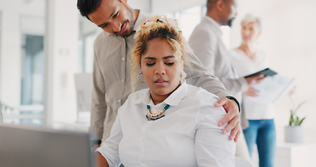 Image showing Sexual harassment, touch and uncomfortable with a business man putting a hand on the shoulder of a woman colleague. Exploitation, unprofessional and victimization with an employee touching a coworker