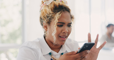 Image showing Phone, problem and angry black woman on office with technical glitch, error and network issue at work. Communication, technology and frustrated female worker with no service connection on smartphone