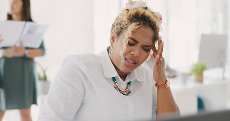 Image showing Woman, stress headache and frustrated at office desk for deadline anxiety, employee burnout and mental health depression. Black woman, sad and business frustration or tired corporate worker in pain