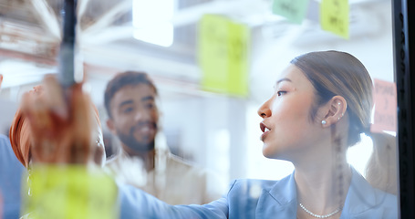 Image showing Creative business people, planning and meeting with sticky note for brainstorming, teamwork or schedule at the office. Group of employee workers in post it, idea or strategy for corporate startup