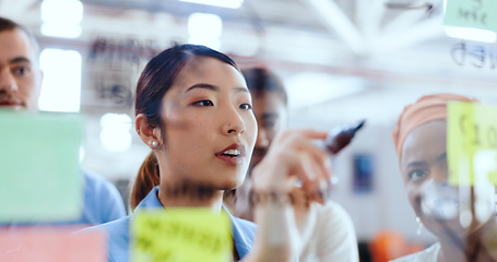 Image showing Creative business people, planning and sticky note for brainstorming, ideas or project at the office. Group of employee designers in post it, schedule and meeting plan on glass for corporate startup