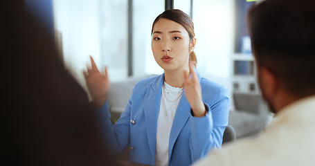 Image showing Asian woman, meeting leader and business collaboration, marketing training or manager coaching in office. Team leadership, ceo talking and creative management or planning startup goals strategy