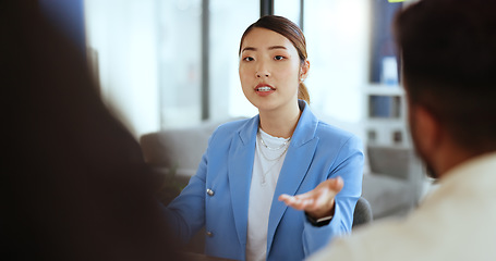 Image showing Asian woman, leader and teamwork business meeting, planning corporate strategy or management presentation. Global finance, leadership and business people collaboration or project discussion in office