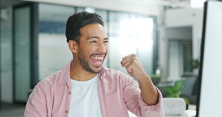 Image showing Winner, motivation and celebration with a business man reaching a goal or target in his office at work. Wow, goals and success with a male employee celebrating a deal or promotion while working