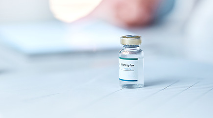 Image showing Vial, medication and drugs on table for healthcare, relief or prescription medicine for pain at the hospital. Bottle or container of painkiller, vaccine or pharmaceutical liquid to combat illness