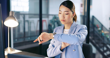 Image showing Night, watch and late with a business asian woman at work for overtime on a deadline in her office. Computer, target and report with a female employee working on a desktop alone in the workplace