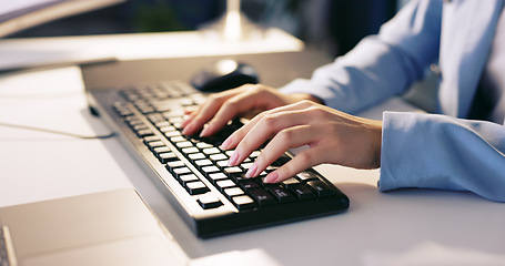 Image showing Computer, hands and keyboard typing of a business woman coding for programmer code. Software, analytics and database research of a seo web design developer working on ui digital search experience