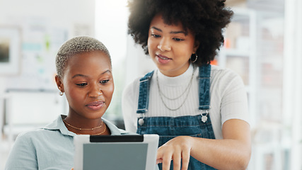 Image showing Tablet, teamwork and collaboration with a woman designer and her creative assistant talking about an idea in the office. Internet, technology and design with a female employee and a colleague at work