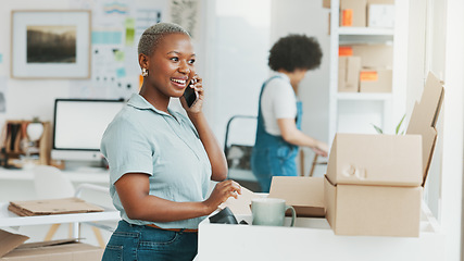 Image showing Ecommerce, box and phone call communication for girl in conversation, discussion or talking about product shipping. Supply chain, online shopping sale and black woman speaking on 5g smartphone call