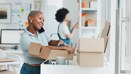 Image showing Black, businesswoman and phone call in logistics startup consulting with customer while working at office. Happy African female talking to client or buyer on smartphone in small ecommerce business