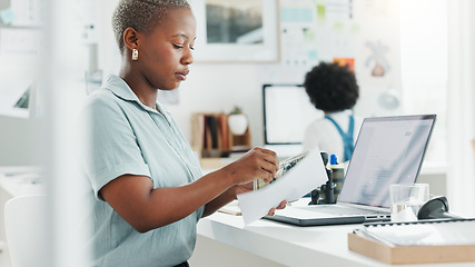 Image showing Business owner black woman with letter envelope for logistics, administration or courier service working or planning mail in office workspace. Worker with company paper invoice documents management