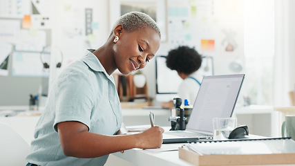 Image showing Black woman receptionist, writing notes or letter with laptop on table planning schedule, agenda memo or boss calendar. Entrepreneur, business and female brainstorming start up ideas in office.