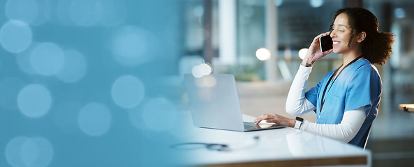 Image showing Laughing, woman or phone call with bokeh copy space, mockup or mock up for night networking or medical consulting. Talking, healthcare or happy nurse on mobile technology for hospital communication