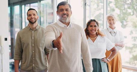 Image showing Handshake, recruitment and business team welcome from woman in HR or agreement at startup office. Shaking hands, thank you and new recruit or partner. Hand shake and smile at human resources meeting.