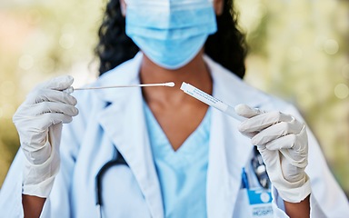 Image showing Woman, doctor and hands with nasal swab, mask and gloves holding covid flu test, DNA or sample. Hand of female medical expert with cotton stick for testing, examine or experiment in cure for illness