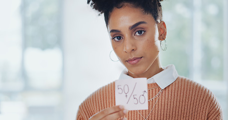 Image showing Gender equality, business woman with paper for equal pay, face and protest with feminism and equality in the workplace. Professional for fair opportunity, portrait and income equity with human rights