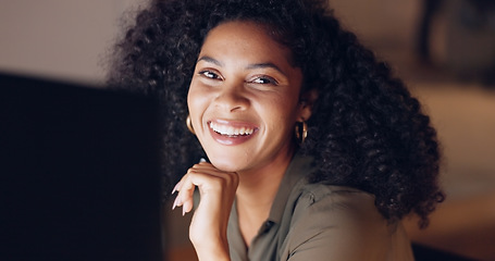 Image showing Night office computer, portrait and black woman face working, planning and marketing strategy in creative startup agency in Brazil. Smile, motivation and success of happy entrepreneur dark pc company