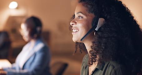 Image showing Call center, night and black woman consulting with people online in a dark office. Face of an African customer service worker talking, working and giving support with a headset during overtime