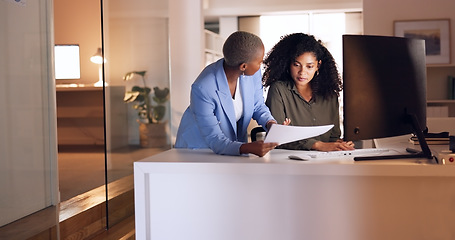 Image showing Business woman coaching worker at night modern office, planning documents research and company strategy. Female team employees working overtime on report collaboration, idea analysis and conversation