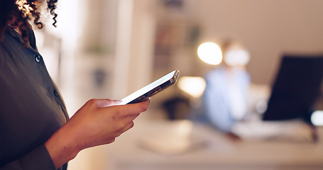 Image showing Woman scroll on smartphone, social media manager hands working in office and professional online application. Employee break at workplace, review business post on website and texting technology